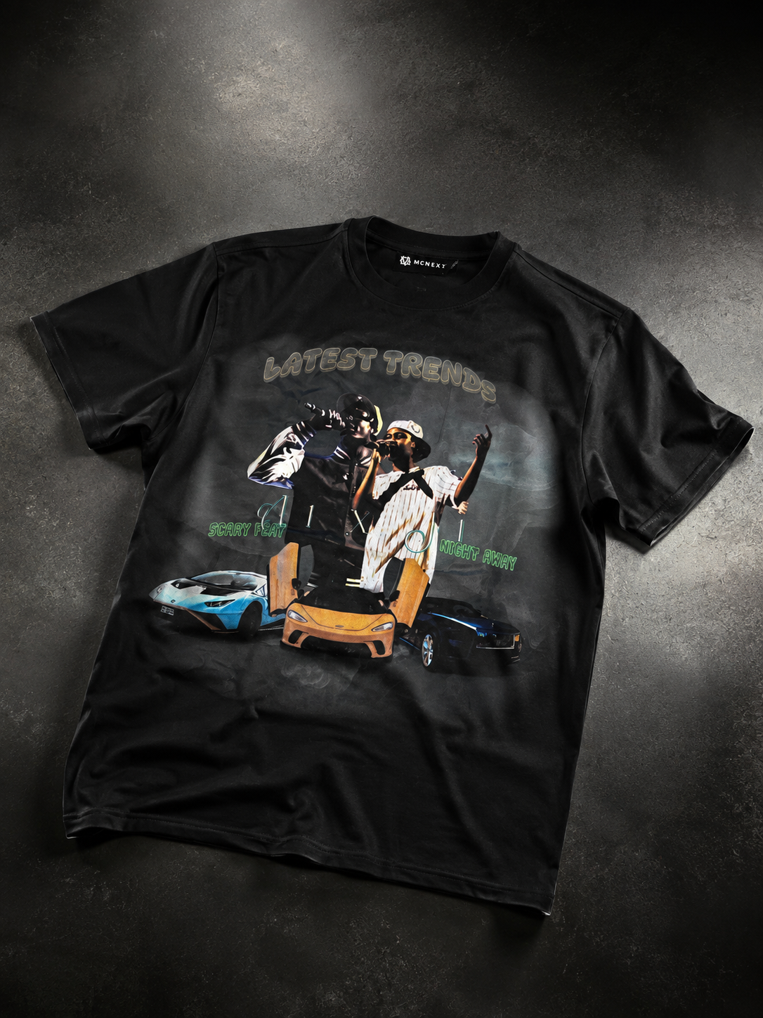 Black t-shirt with graphic design on a dark textured background